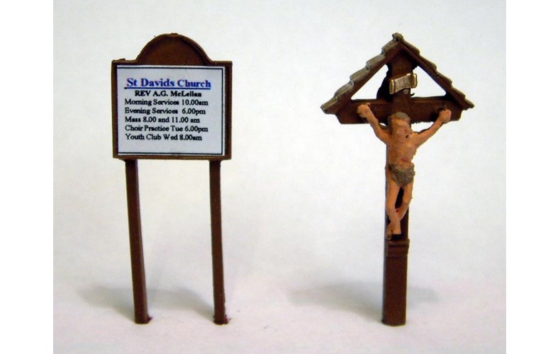 F41p Painted Church Notice Board & Crucifix OO Scale 1:76